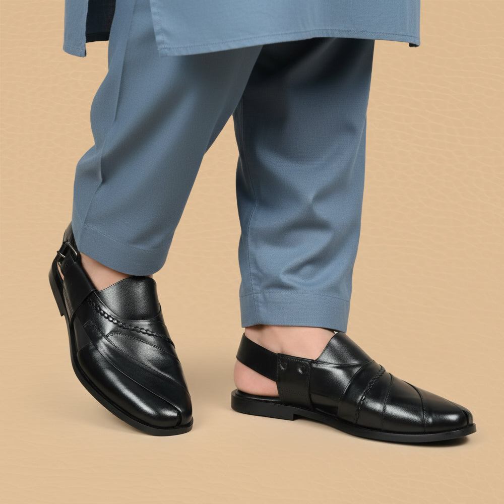 Embosed Peshawari Chappal-BLACK-1009
