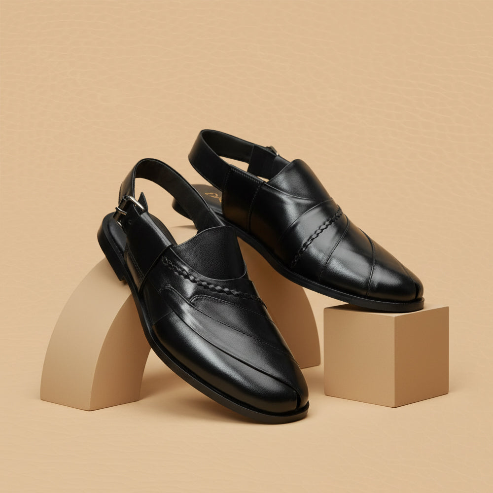 Embosed Peshawari Chappal-BLACK-1009