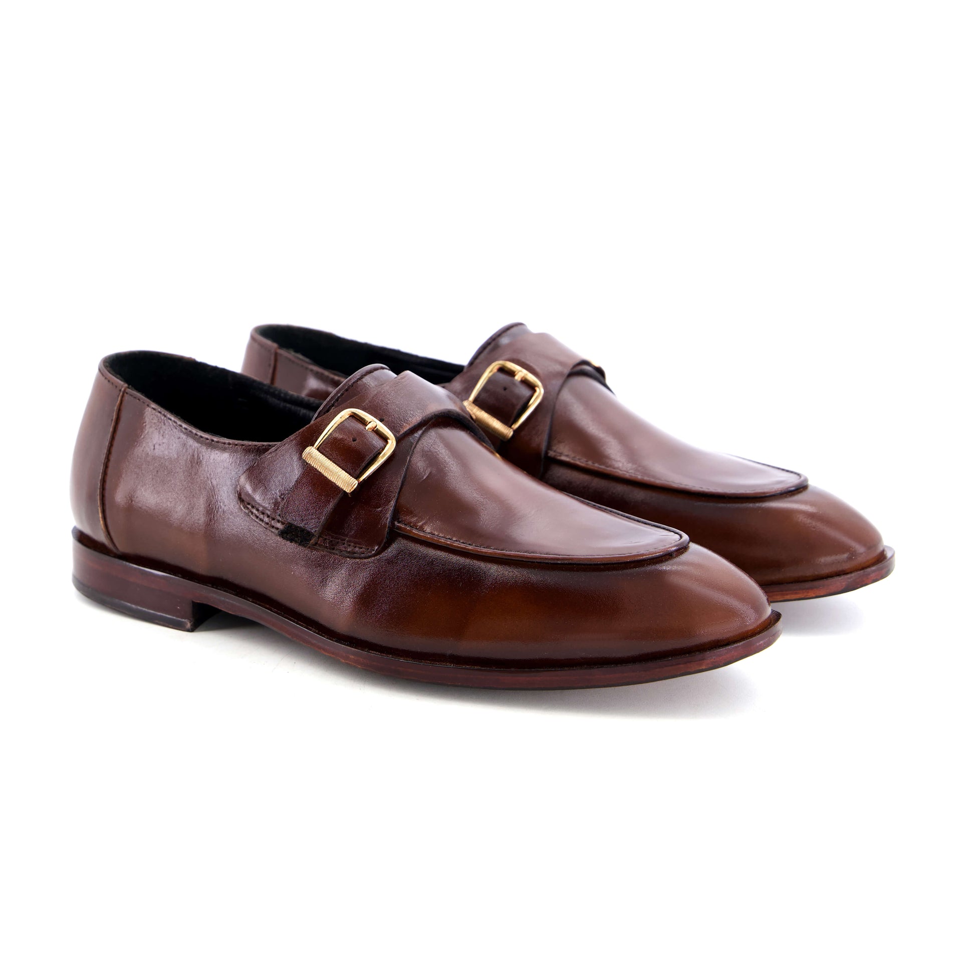 Leather Double Buckle Brown-021 - Premium brown leather formal shoes