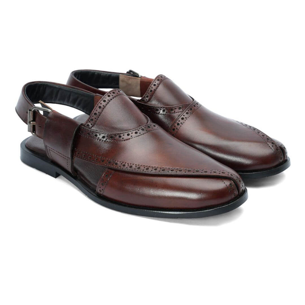 Brogue Peshawari Brn-1012 by Coarix Leather – a mustard-colored handmade Peshawari sandal