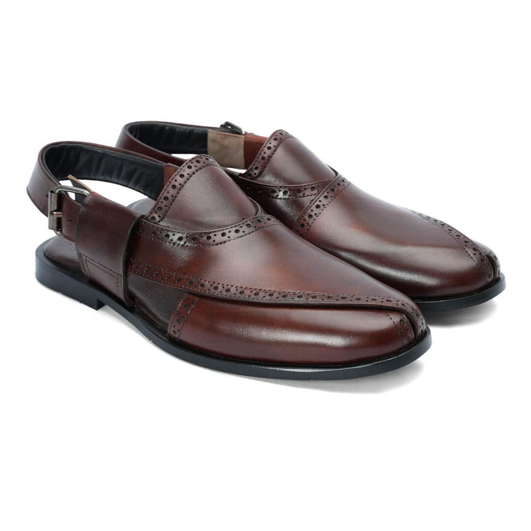 Brogue Peshawari Brn-1012 by Coarix Leather – a mustard-colored handmade Peshawari sandal